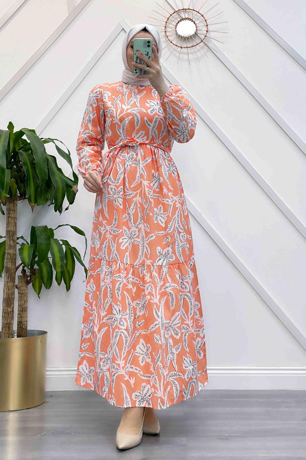 KUŞAKLI KARANFİL DESEN ELBİSE