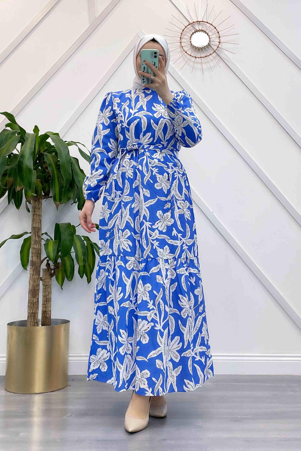 KUŞAKLI KARANFİL DESEN ELBİSE
