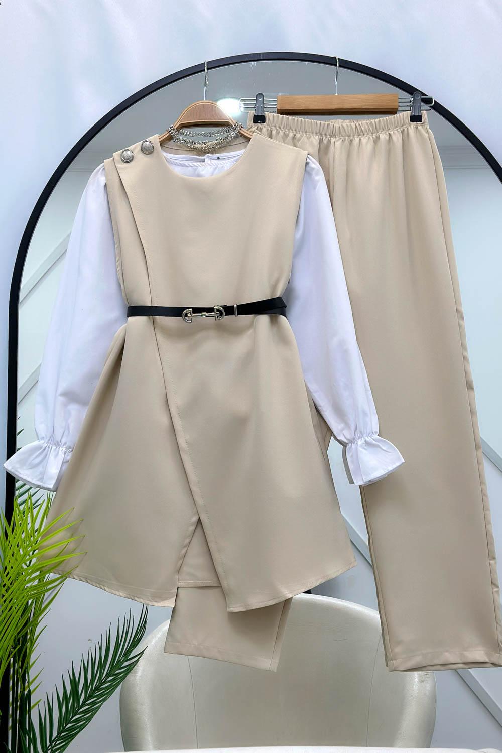YAKADAN DÜĞMELİ YELEK PANTOLON TAKIM