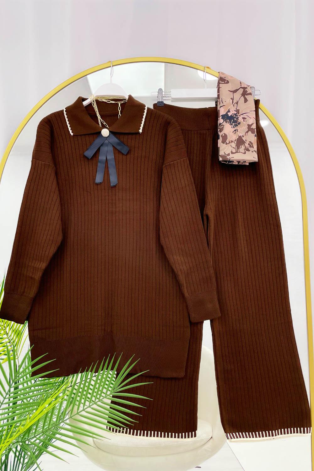 BRONŞ DETAYLI PANTOLONLU TRİKO TAKIM