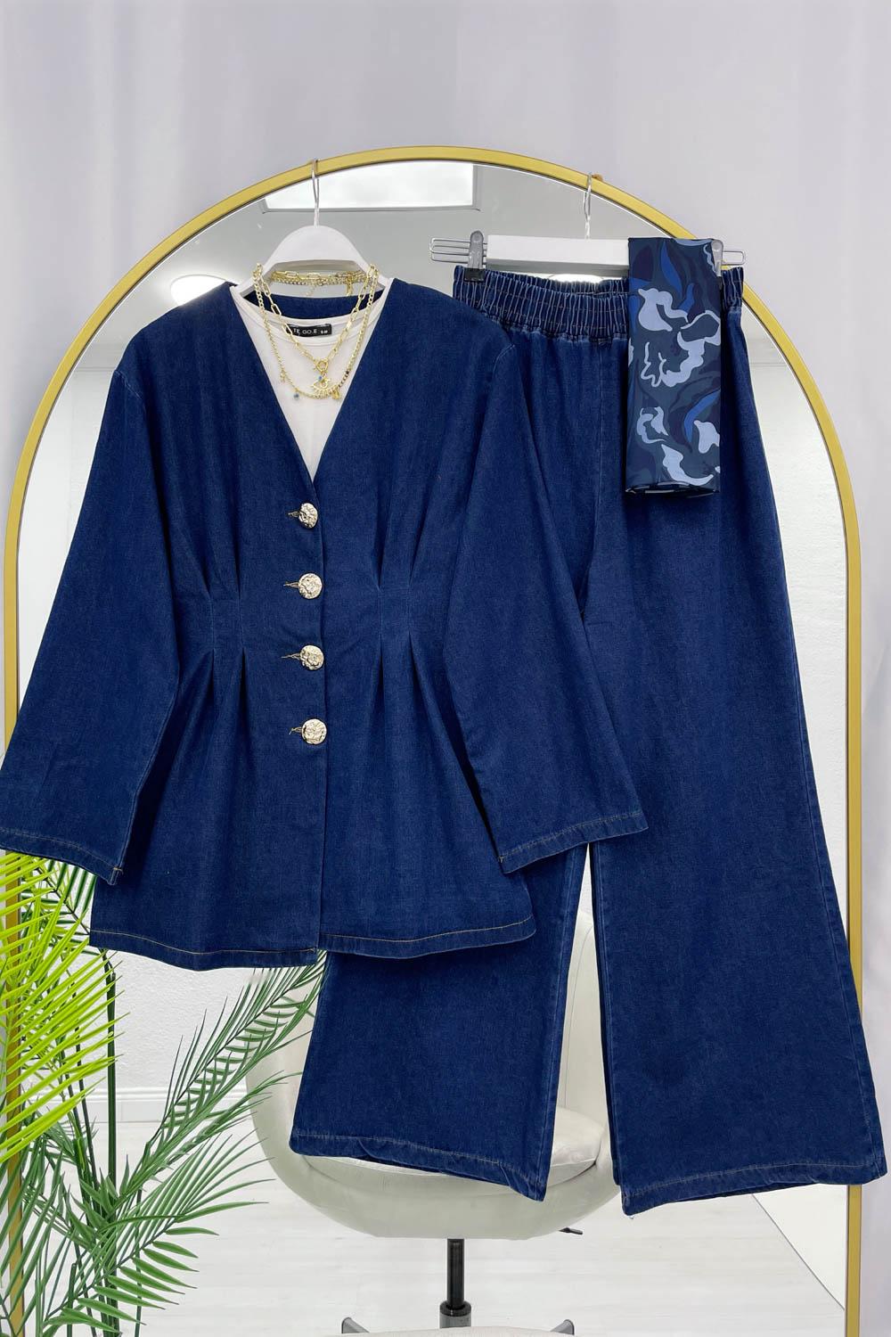 BEL PİLELİ DÜĞMELİ KADIN KOT TAKIM