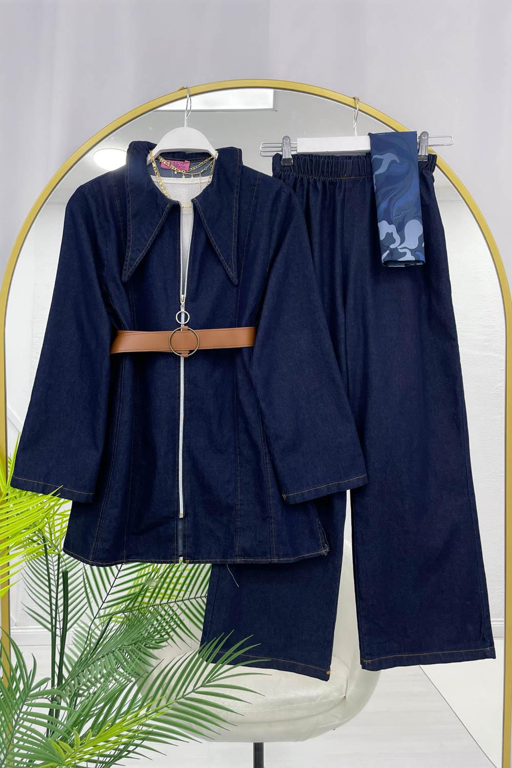 SİVRİ YAKA KEMERLİ KADIN KOT TAKIM