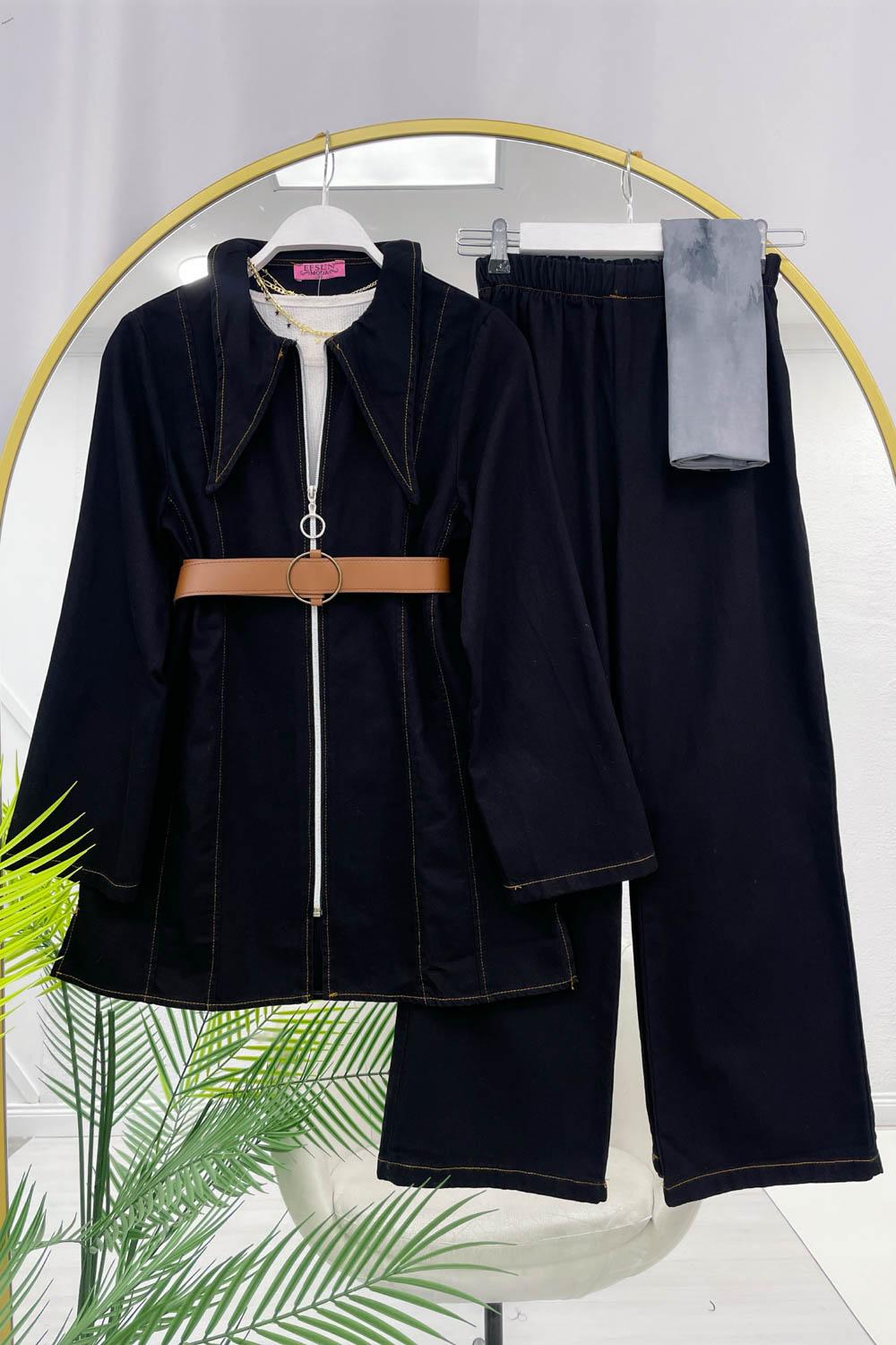 SİVRİ YAKA KEMERLİ KADIN KOT TAKIM