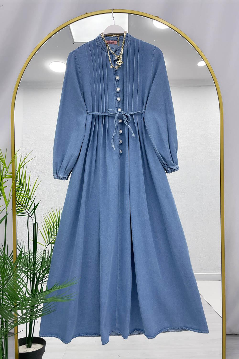 DRAPELİ DÜĞMELİ KOT ELBİSE