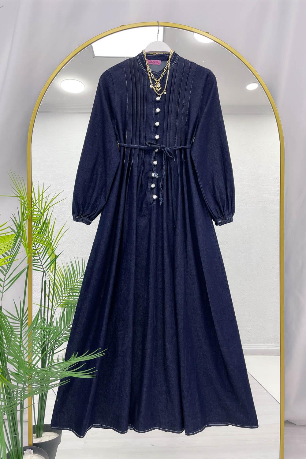 DRAPELİ DÜĞMELİ KOT ELBİSE