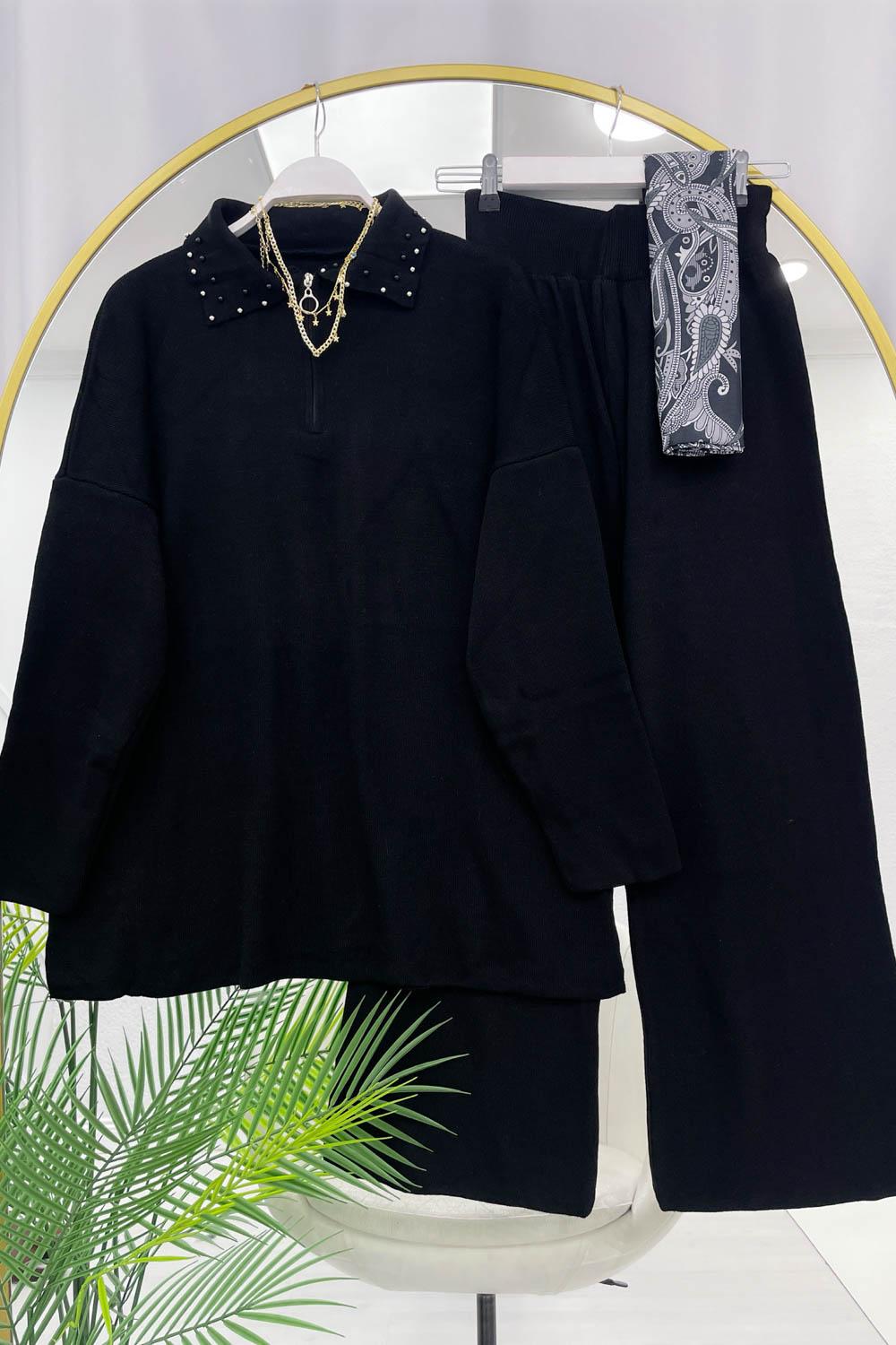 FERMUARLI YAKASI BONCUK DETAYLI KADIN TRİKO TAKIM