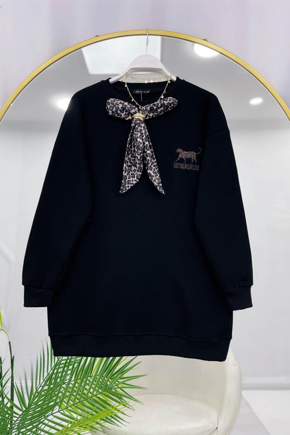 ÖNÜ  FULAR DETAYLI LEOPAR KADIN SWEAT