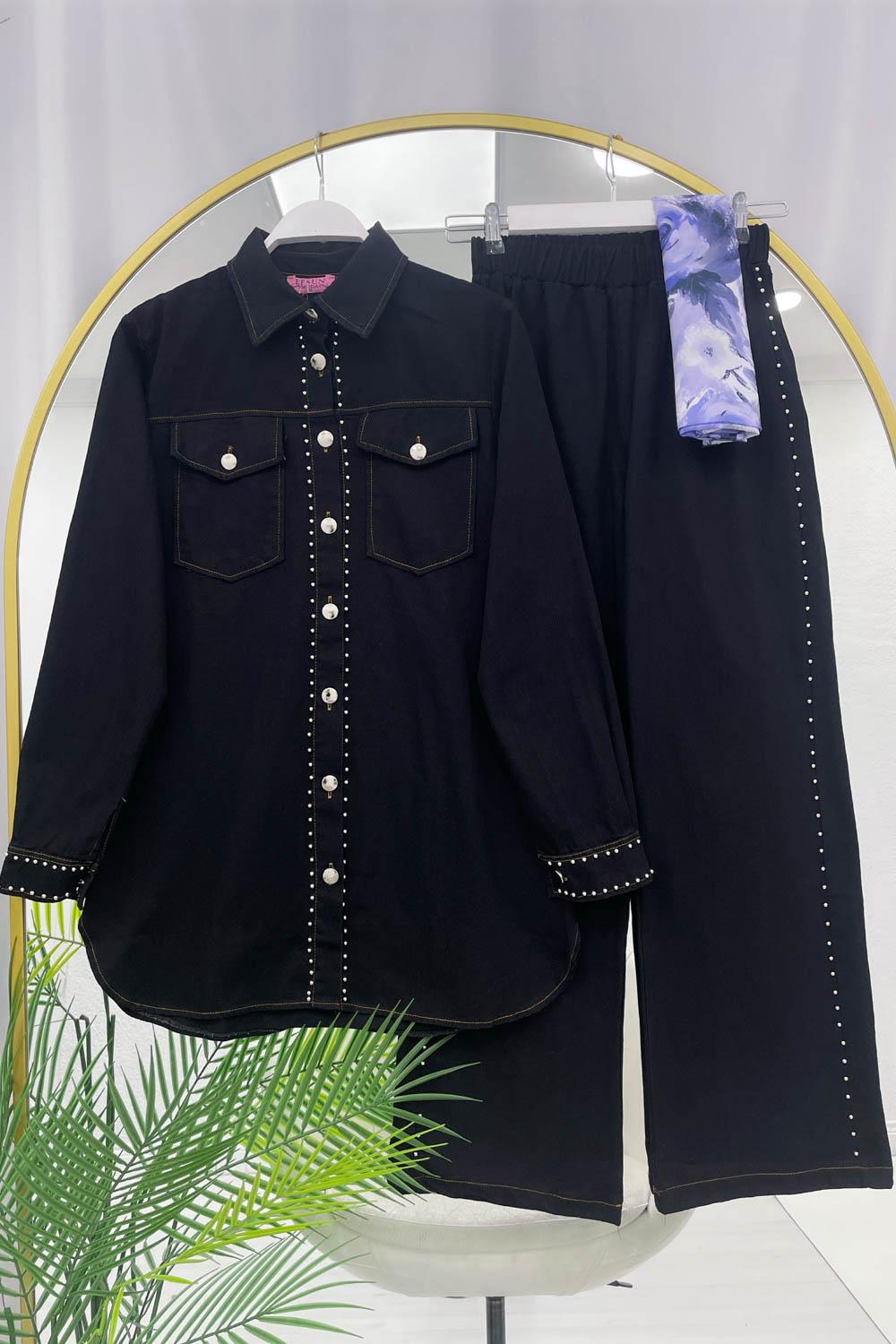 BONCUK DETAYLI PANTOLONLU KADIN KOT TAKIM