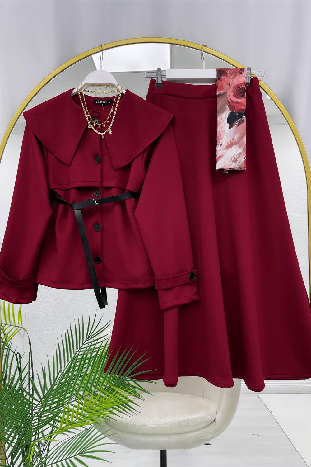 GÖMLEK YAKA ÖNÜ DÜĞME DETAYLI ETEKLİ KADIN TAKIM