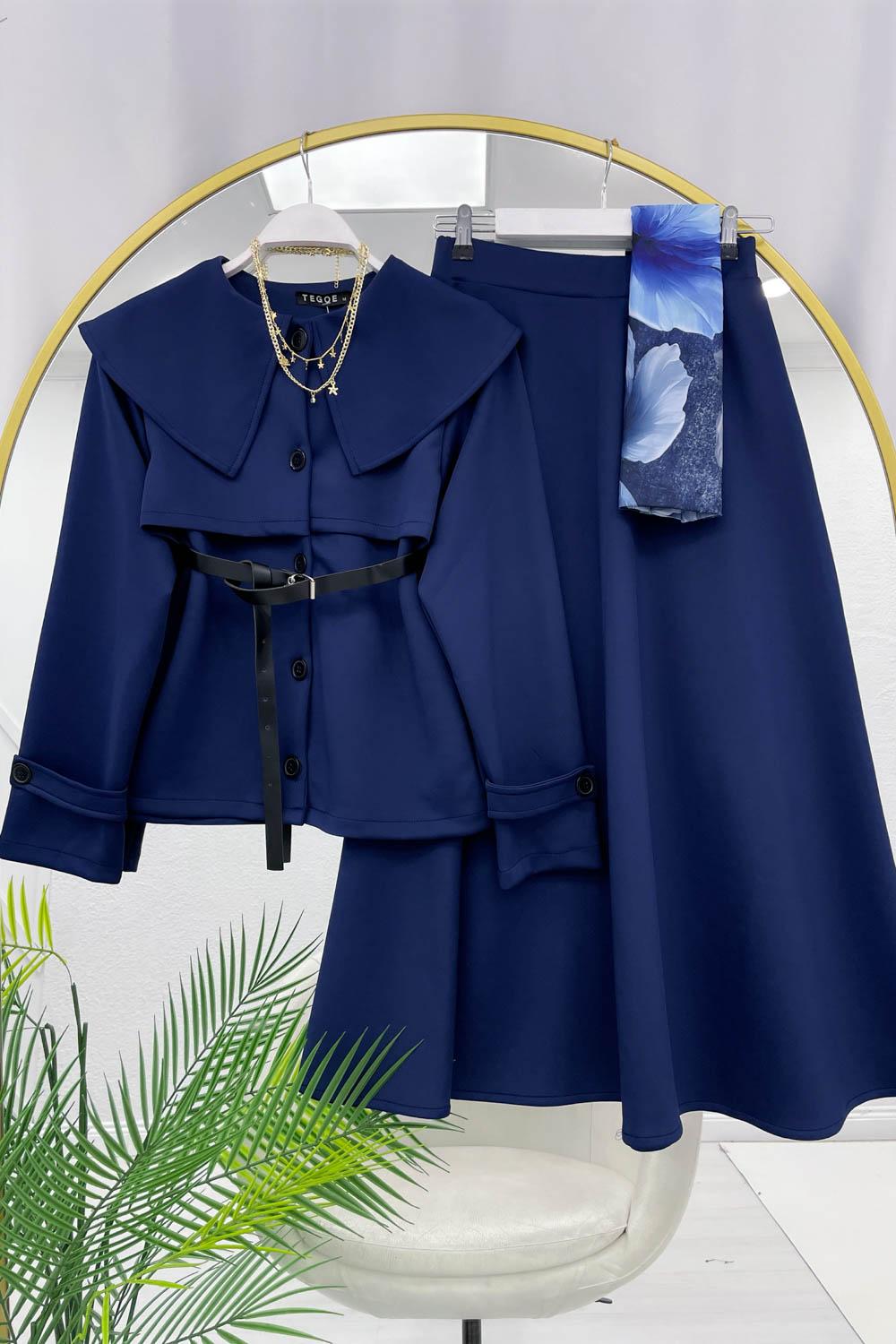 GÖMLEK YAKA ÖNÜ DÜĞME DETAYLI ETEKLİ KADIN TAKIM