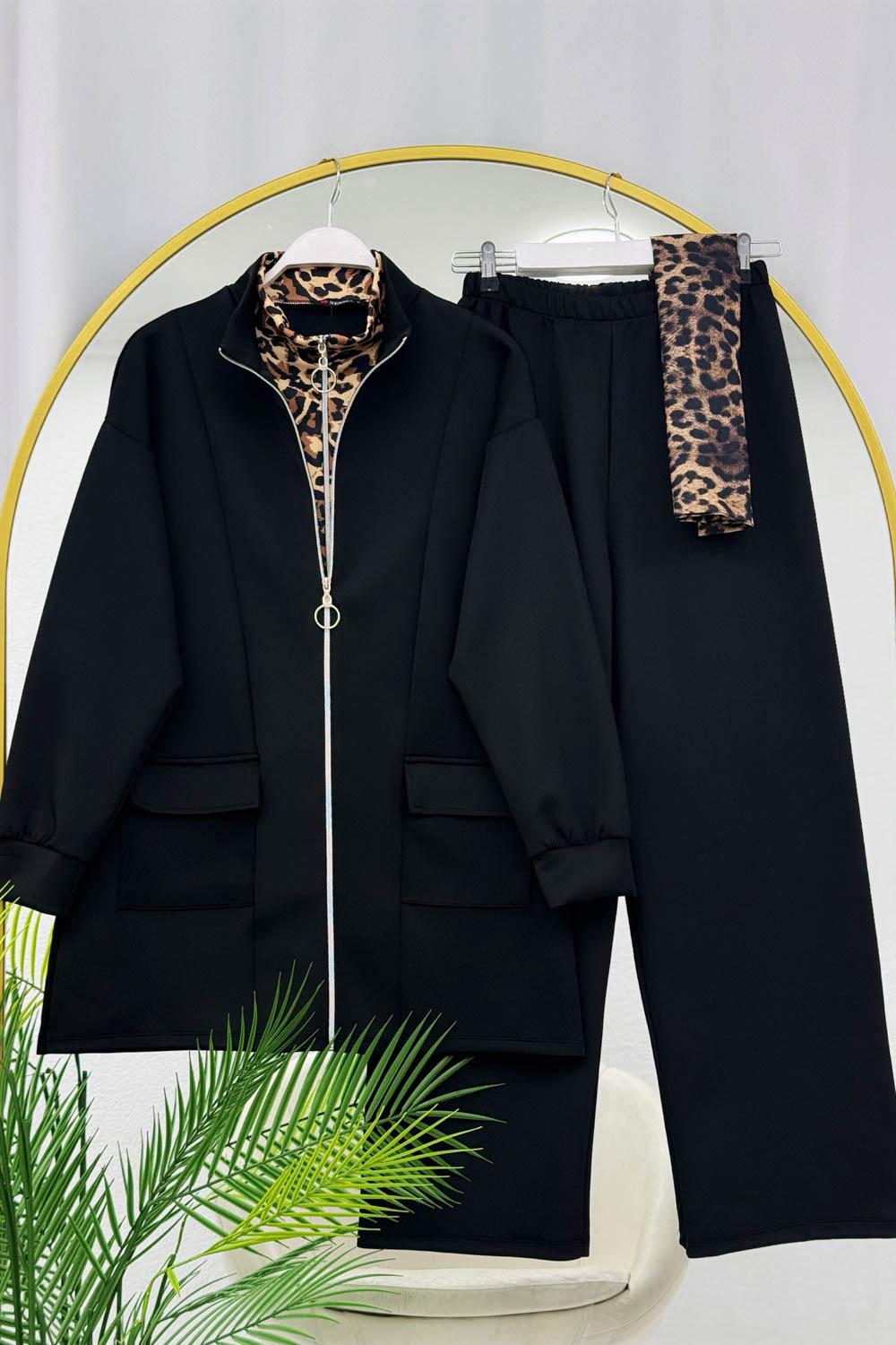 ÇİFT FERMUARLI GİZLİ LEOPAR KADIN TAKIM