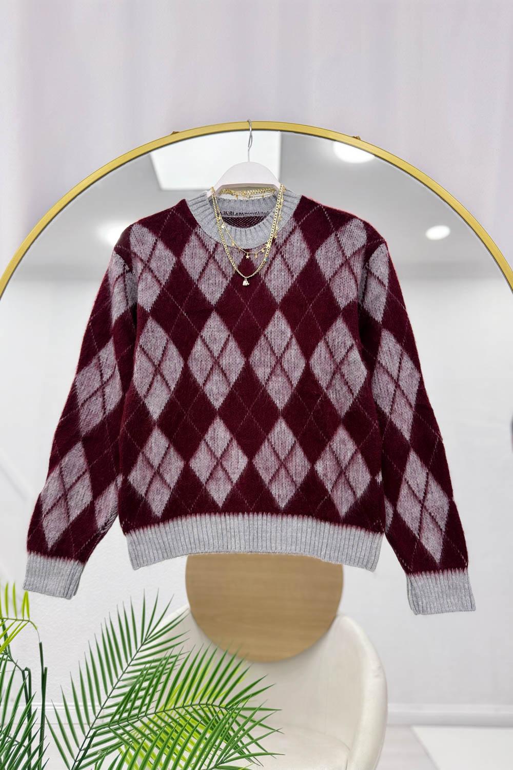 BASİC YAKA BAKLAVA DESENLİ  KADIN KAZAK