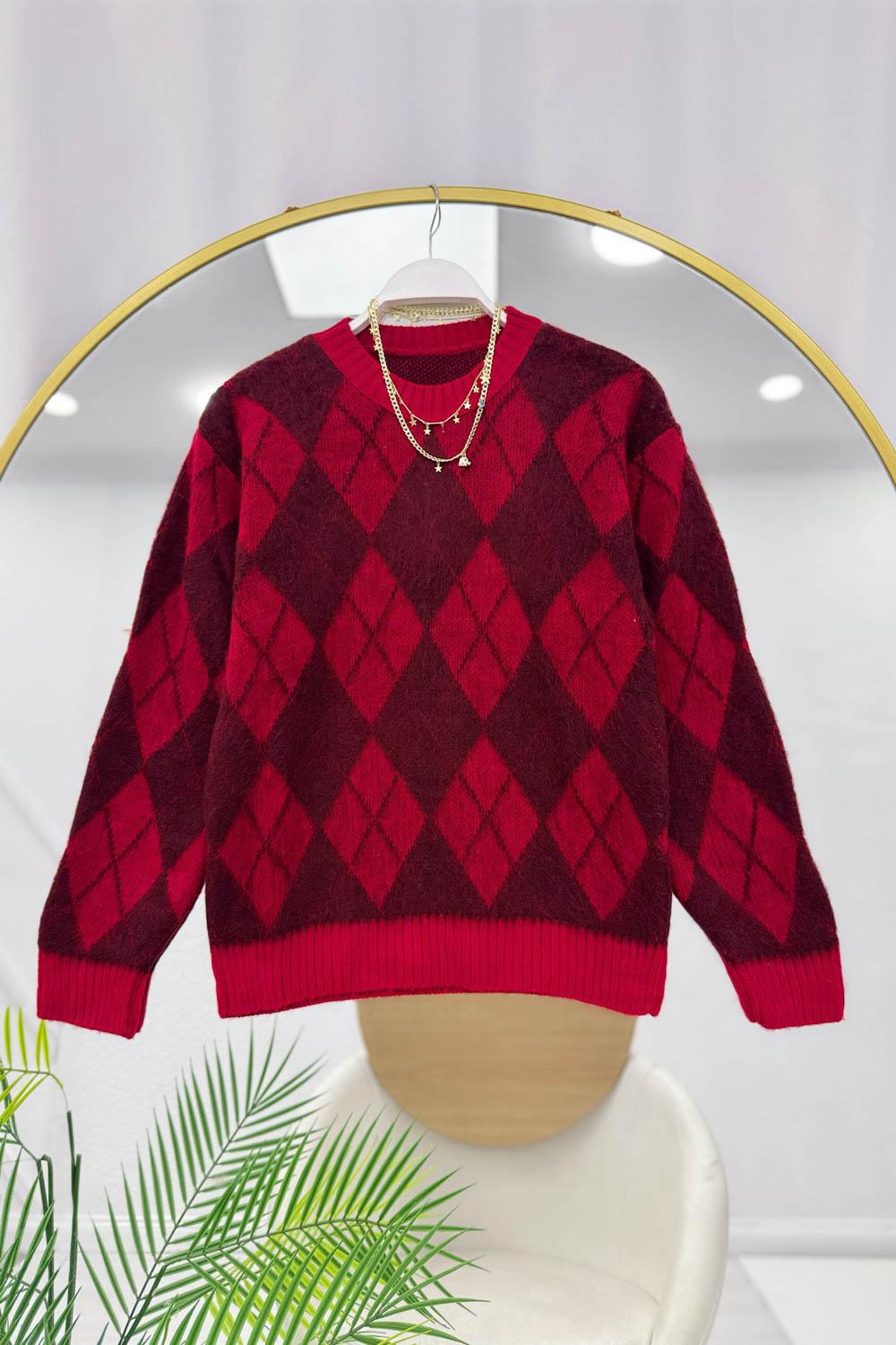 BASİC YAKA BAKLAVA DESENLİ  KADIN KAZAK