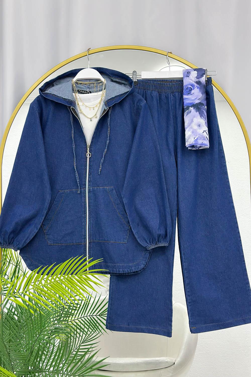 FERMUAR DETAYLI KAPŞONLU KADIN KOT TAKIM