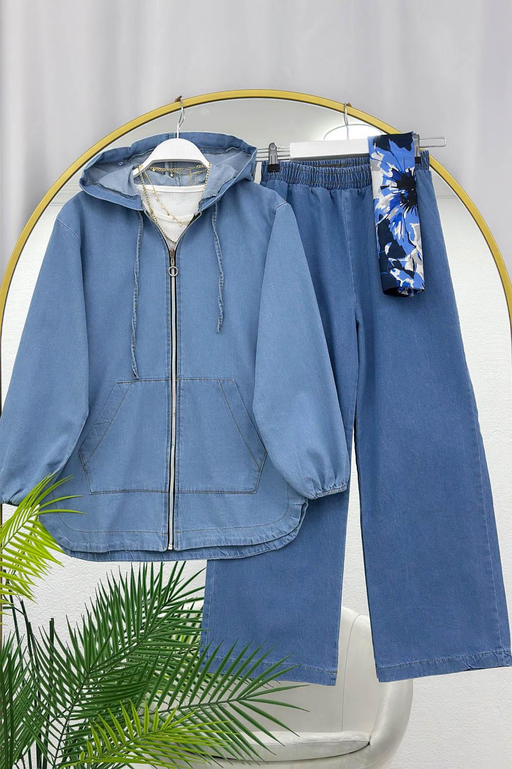 FERMUAR DETAYLI KAPŞONLU KADIN KOT TAKIM