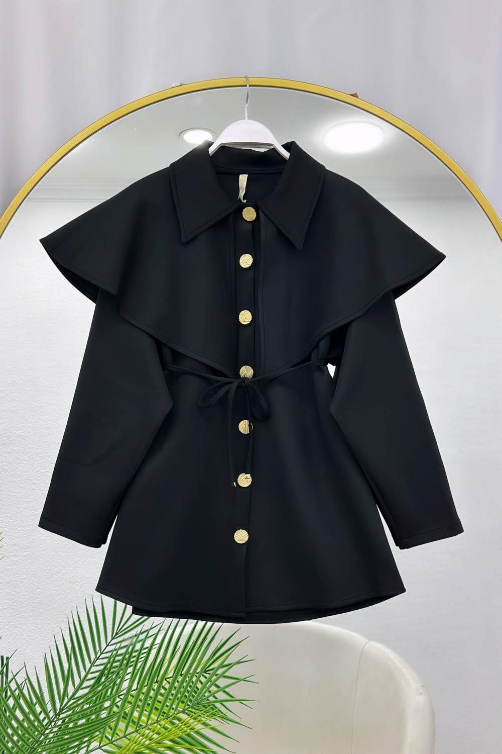 GOLD DÜĞME VE PELERİN DETAYLI KADIN CEKET