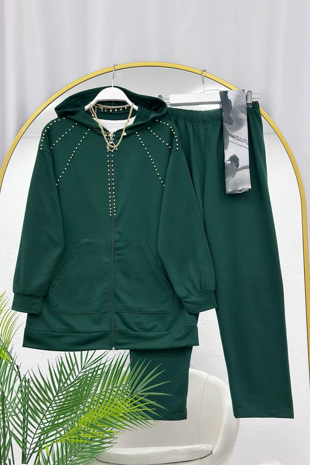 OMUZDAN TAŞ DETAYLI KAPŞONLU SPOR TAKIM