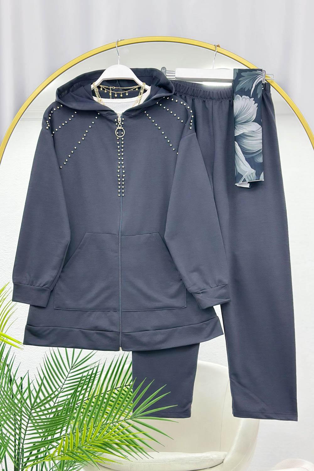 OMUZDAN TAŞ DETAYLI KAPŞONLU SPOR TAKIM