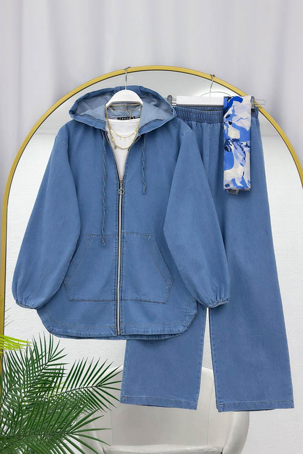 FERMUAR DETAYLI KAPŞONLU KADIN KOT TAKIM