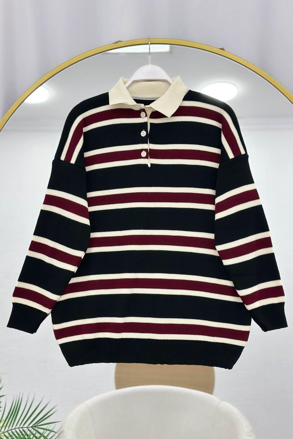 POLO YAKA YARIM DÜĞMELİ ÇİZGİLİ KAZAK