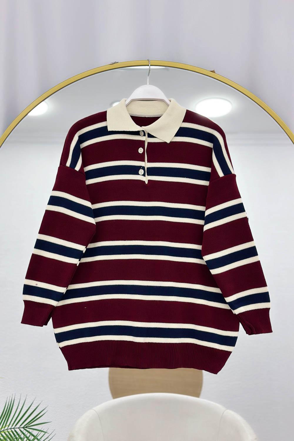 POLO YAKA YARIM DÜĞMELİ ÇİZGİLİ KAZAK