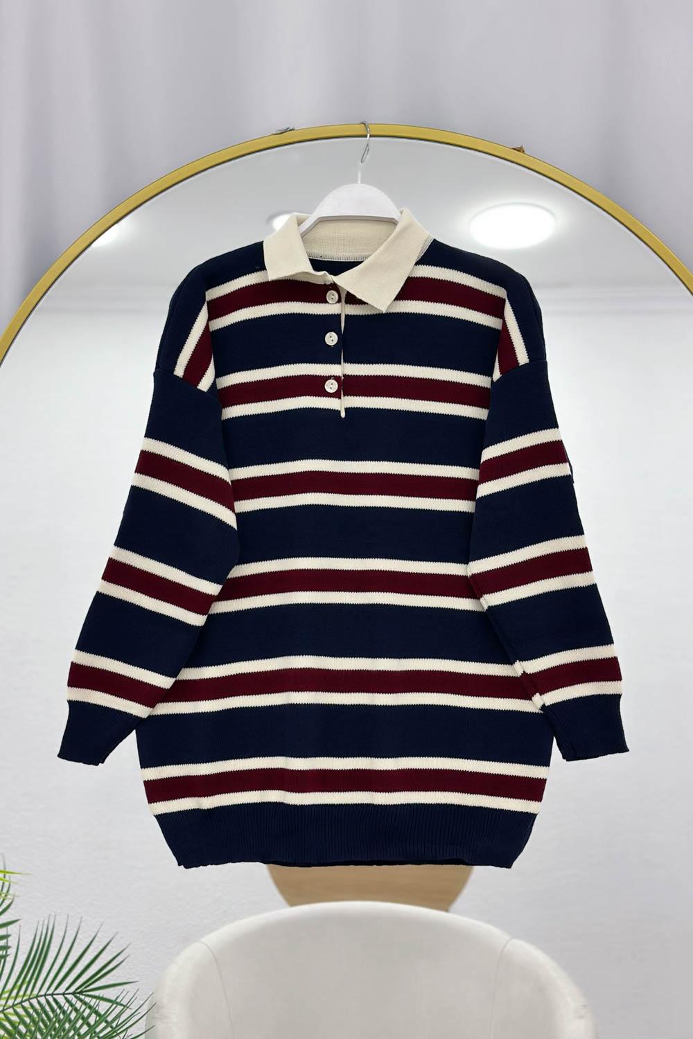 POLO YAKA YARIM DÜĞMELİ ÇİZGİLİ KAZAK