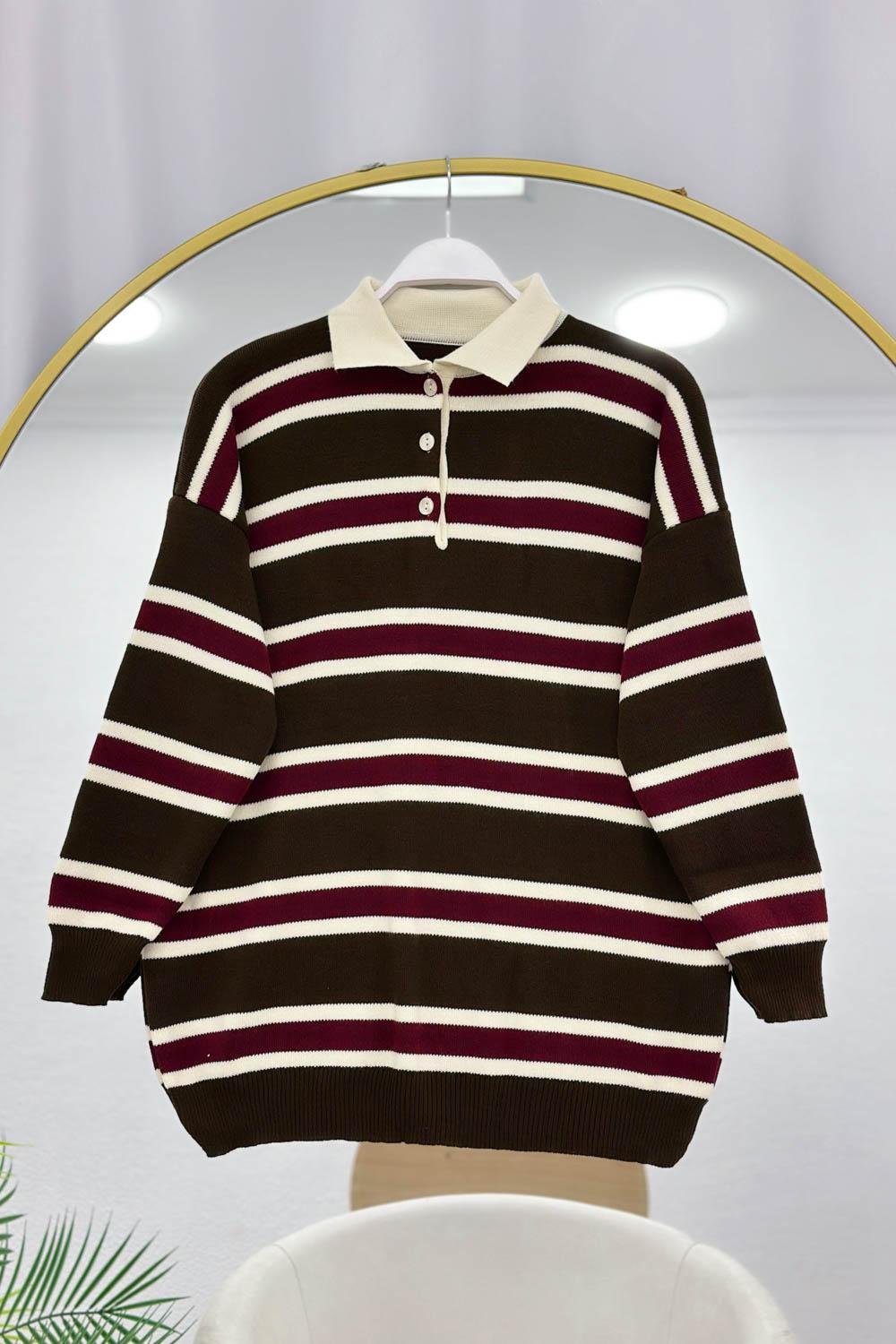 POLO YAKA YARIM DÜĞMELİ ÇİZGİLİ KAZAK