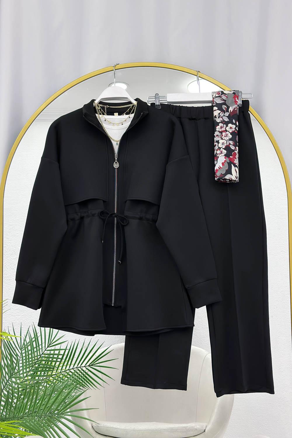 FERMUAR DETAYLI BELİ BÜZGÜLÜ KADIN SCUBA PANTOLONLU TAKIM