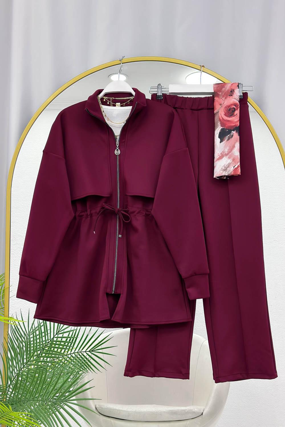 FERMUAR DETAYLI BELİ BÜZGÜLÜ KADIN SCUBA PANTOLONLU TAKIM