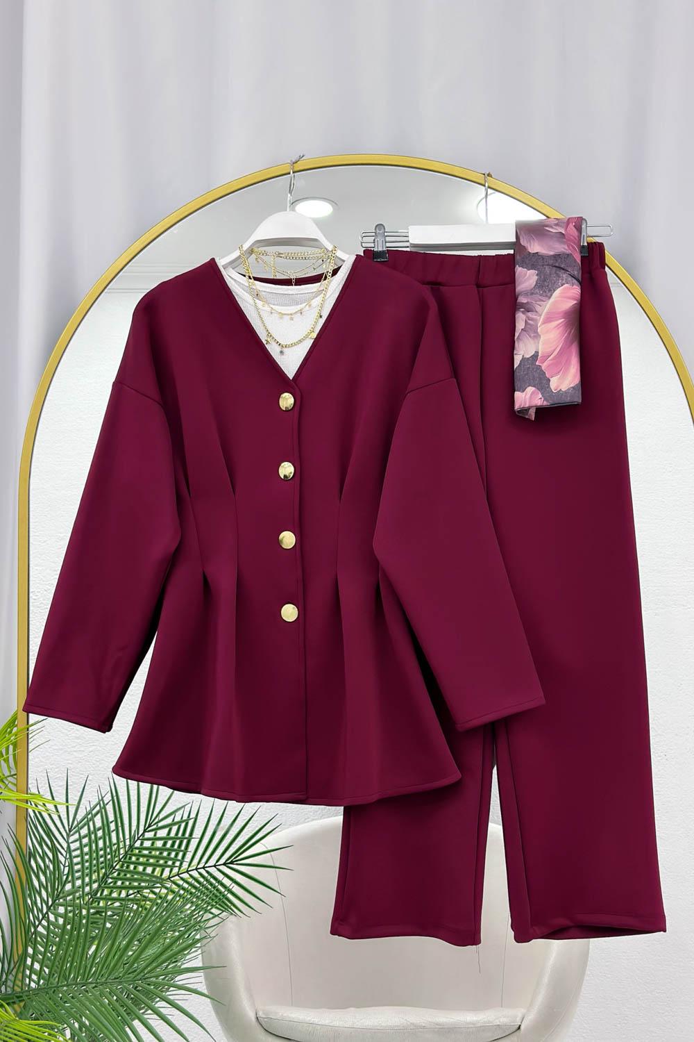 PENS DETAYLI GOLD DÜĞMELİ KADIN SCUBA PANTOLON TAKIM