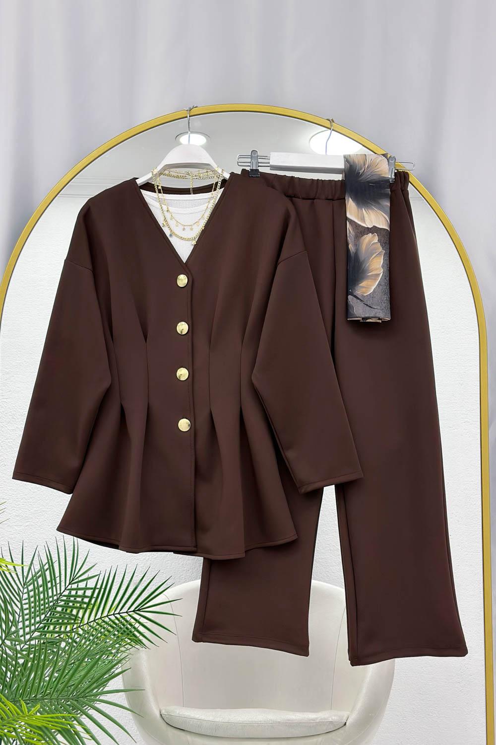 PENS DETAYLI GOLD DÜĞMELİ KADIN SCUBA PANTOLON TAKIM