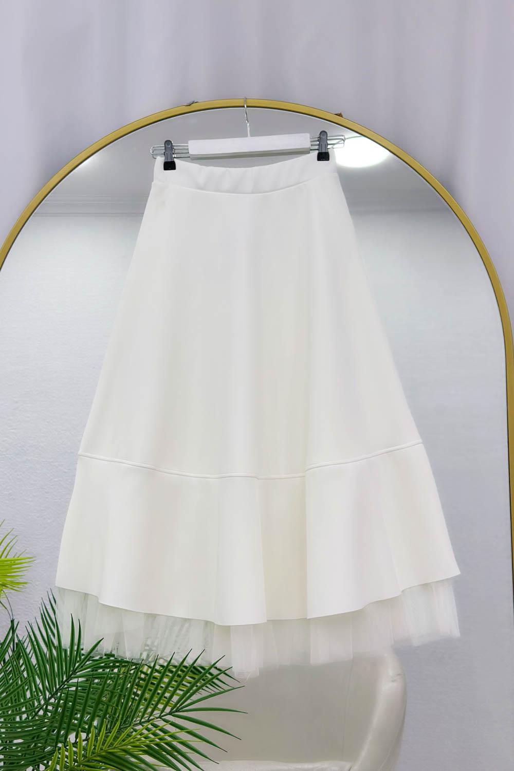 TÜL DETAYLI PUF SCUBA KADIN KLOŞ ETEK