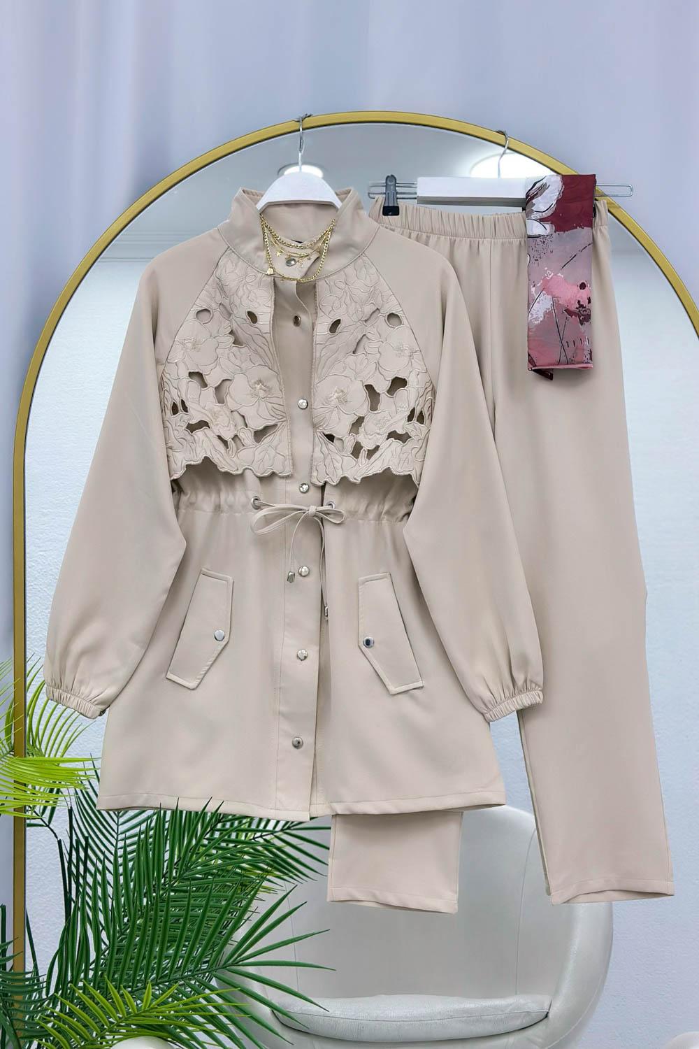 DANTEL DETAYLI BELİ BAĞCIKLI KADIN PANTOLON TAKIM