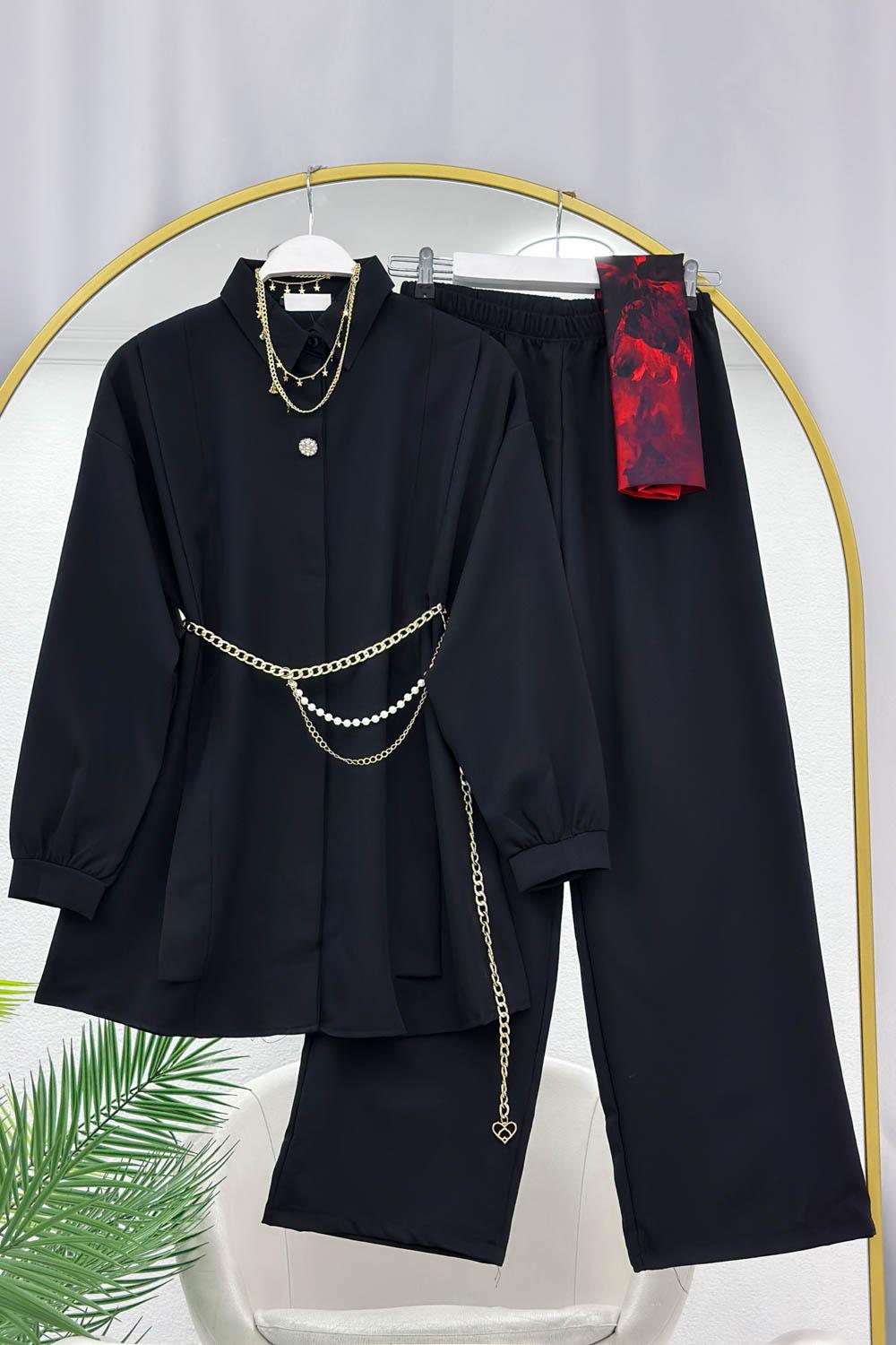 DÜĞME VE KEMER DETAYLI KADIN  TAKIM