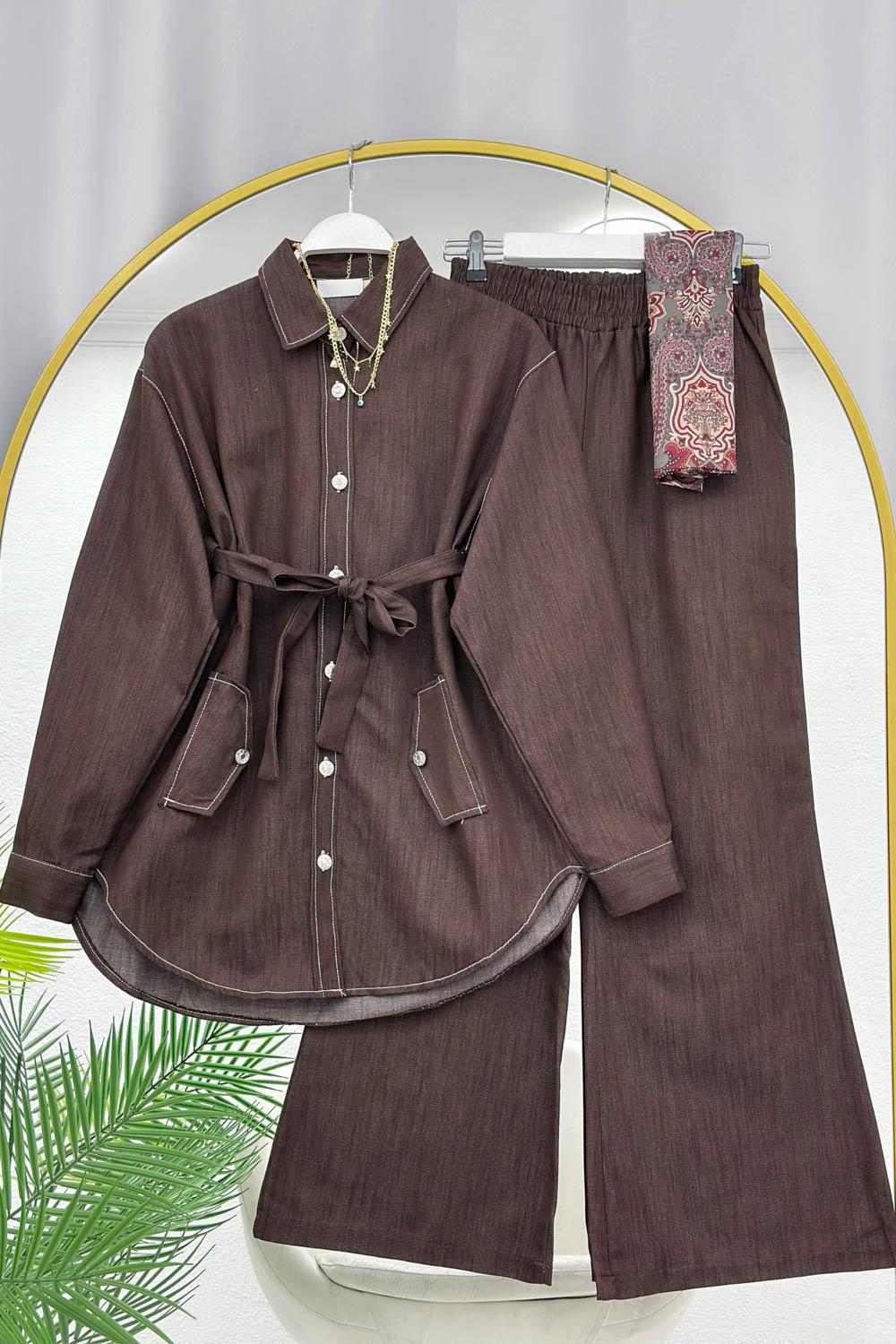 KUŞAKLI DENİM KOT PANTOLONLU KADIN TAKIM