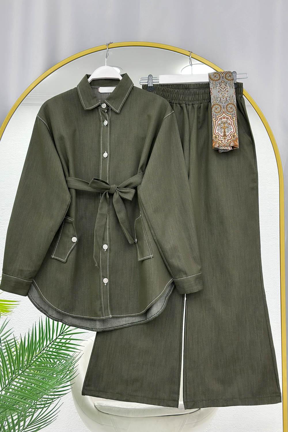 KUŞAKLI DENİM KOT PANTOLONLU KADIN TAKIM