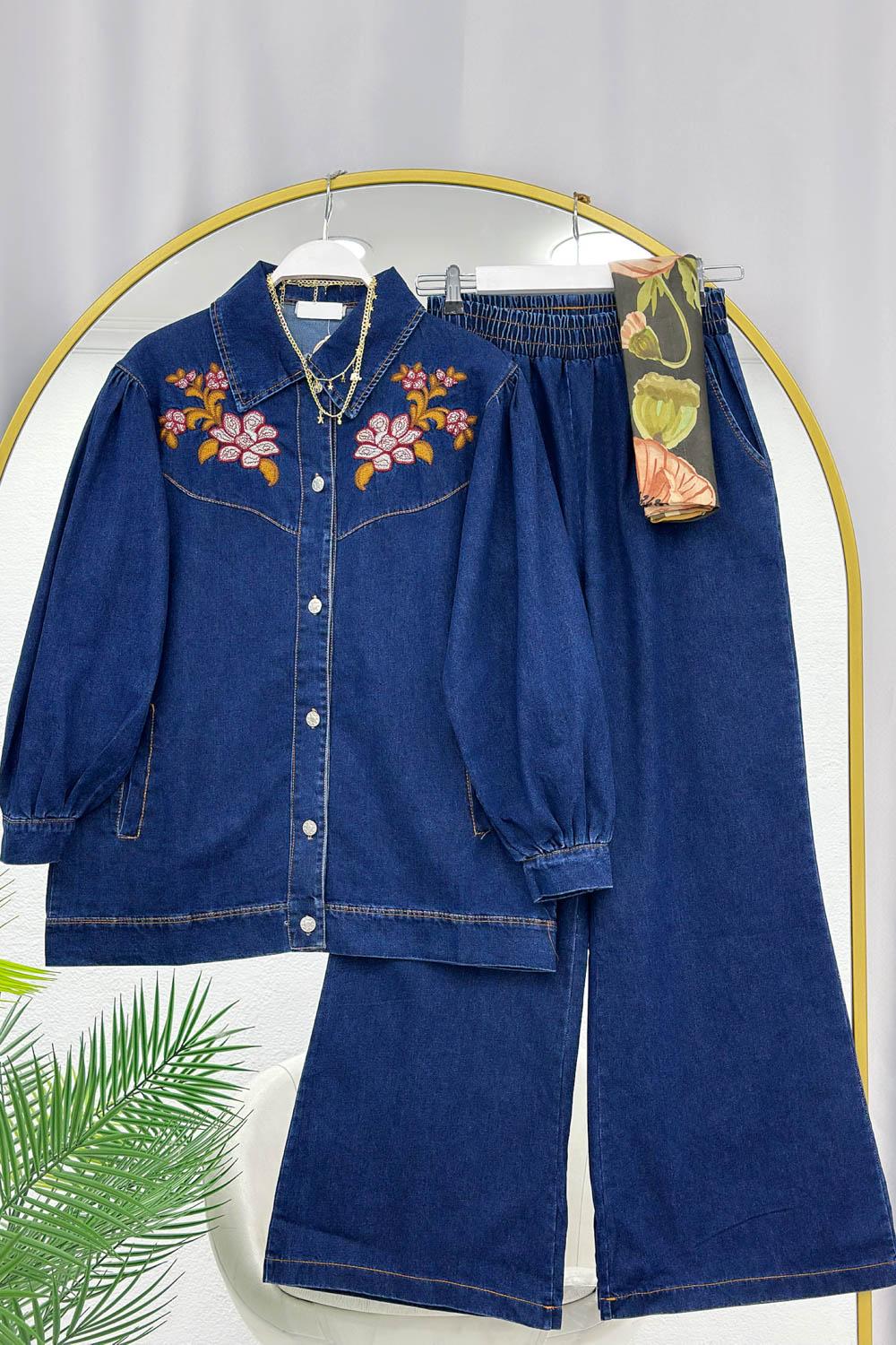 ÇİÇEK NAKIŞLI PANTOLONLU KOT TAKIM