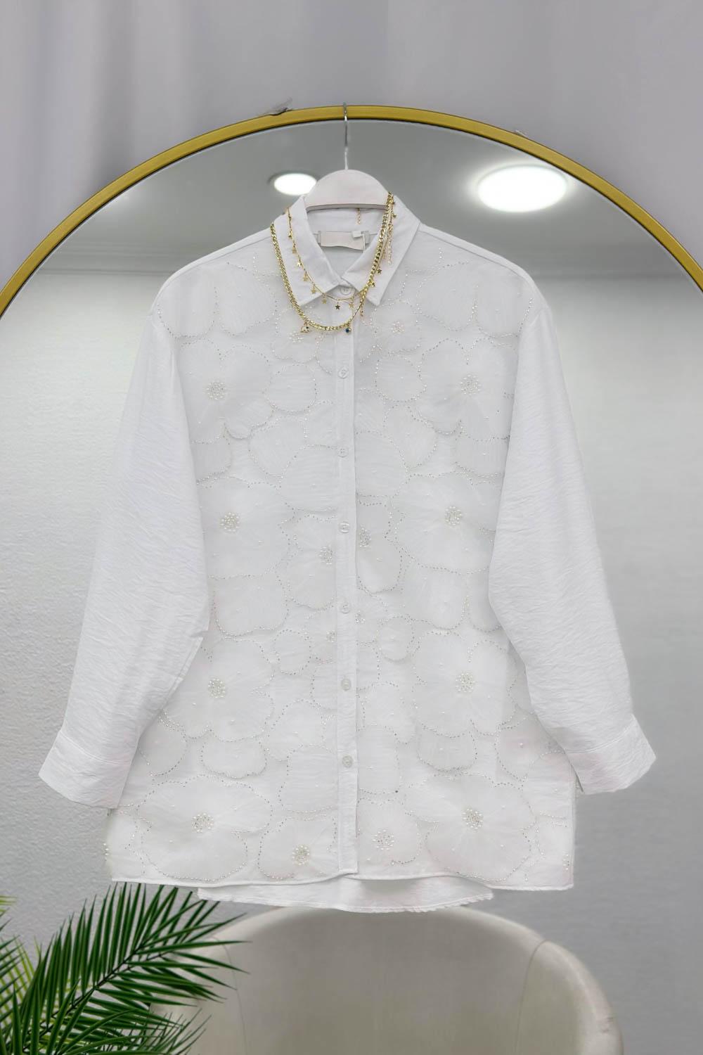 BONCUK DETAYLI TÜL ÇİÇEKLİ GÖMLEK