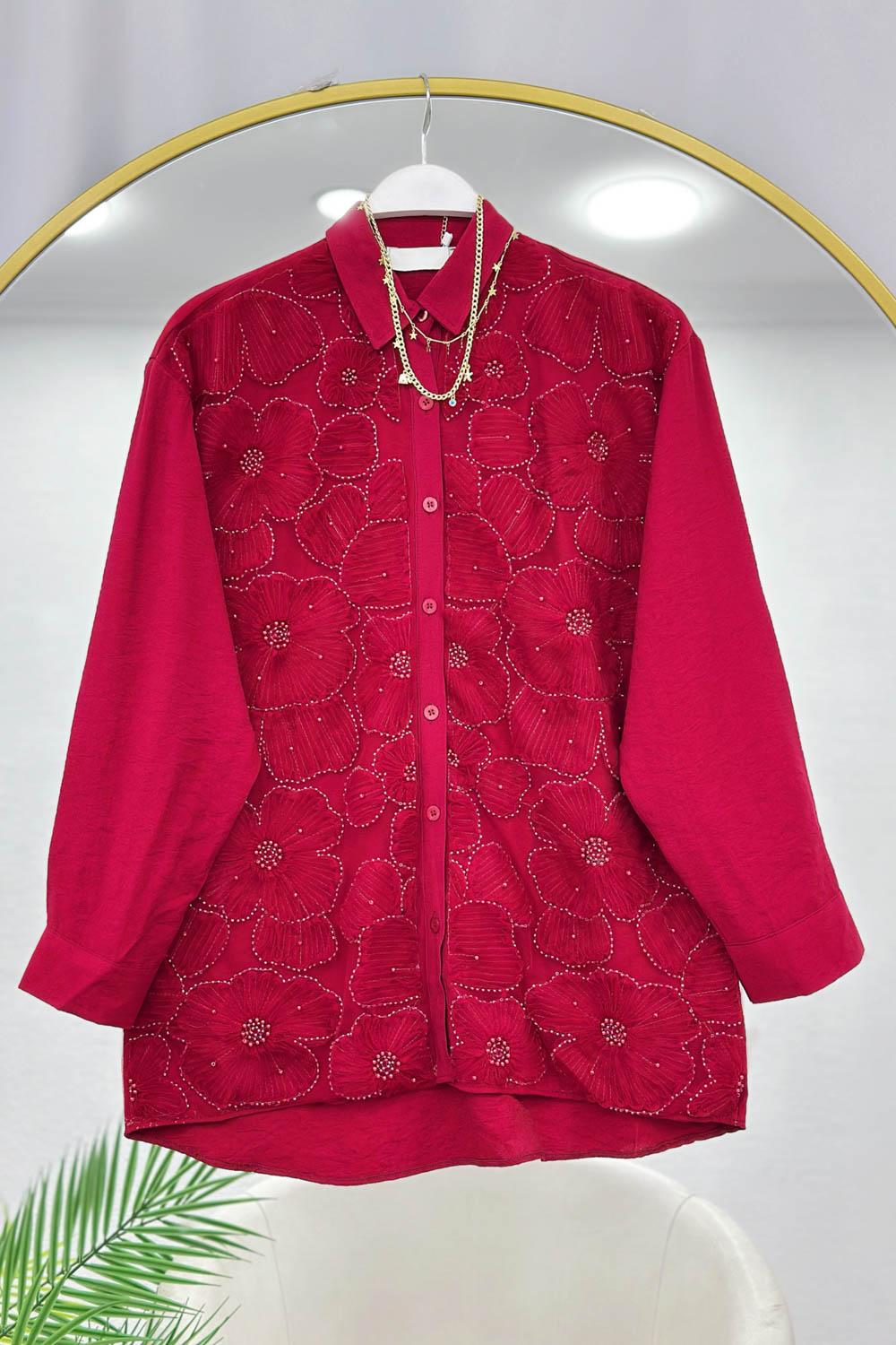 BONCUK DETAYLI TÜL ÇİÇEKLİ GÖMLEK