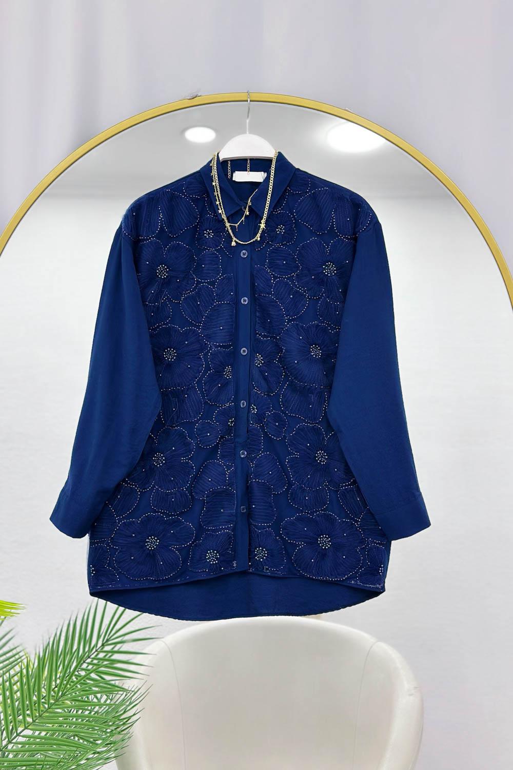 BONCUK DETAYLI TÜL ÇİÇEKLİ GÖMLEK