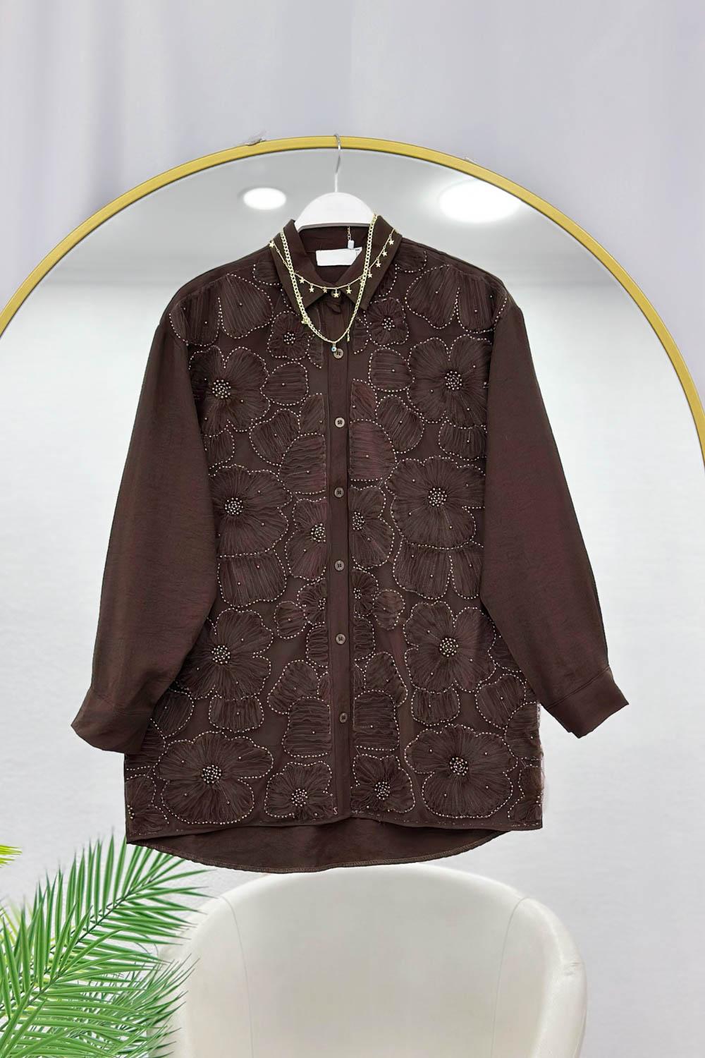 BONCUK DETAYLI TÜL ÇİÇEKLİ GÖMLEK