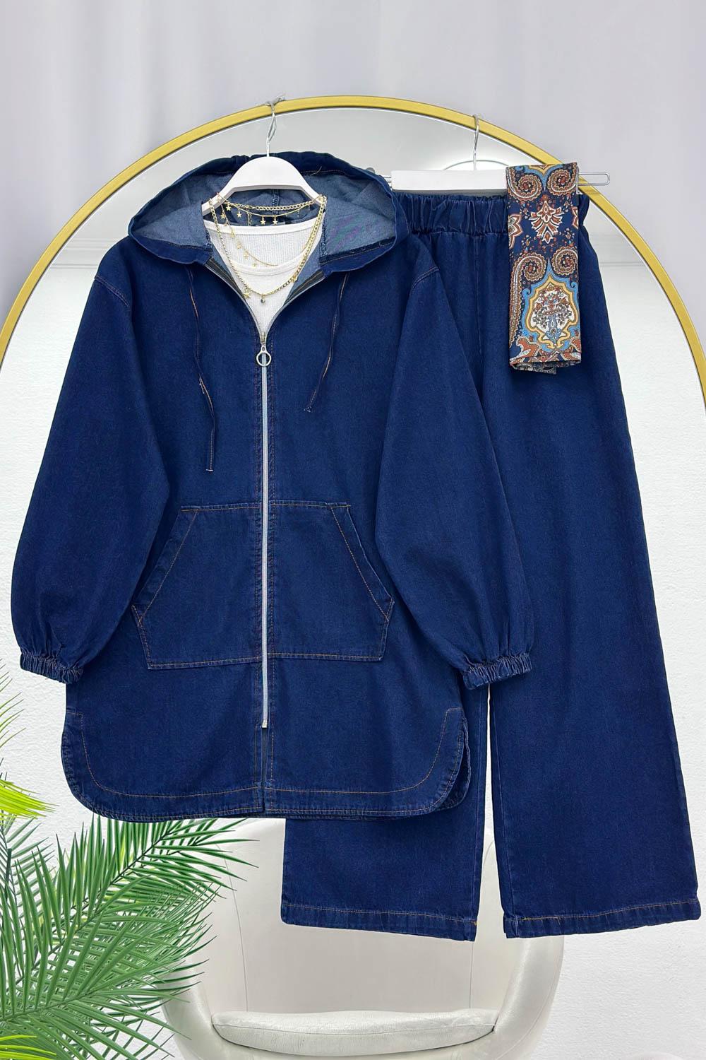 FERMUAR DETAYLI KAPŞONLU KADIN KOT TAKIM