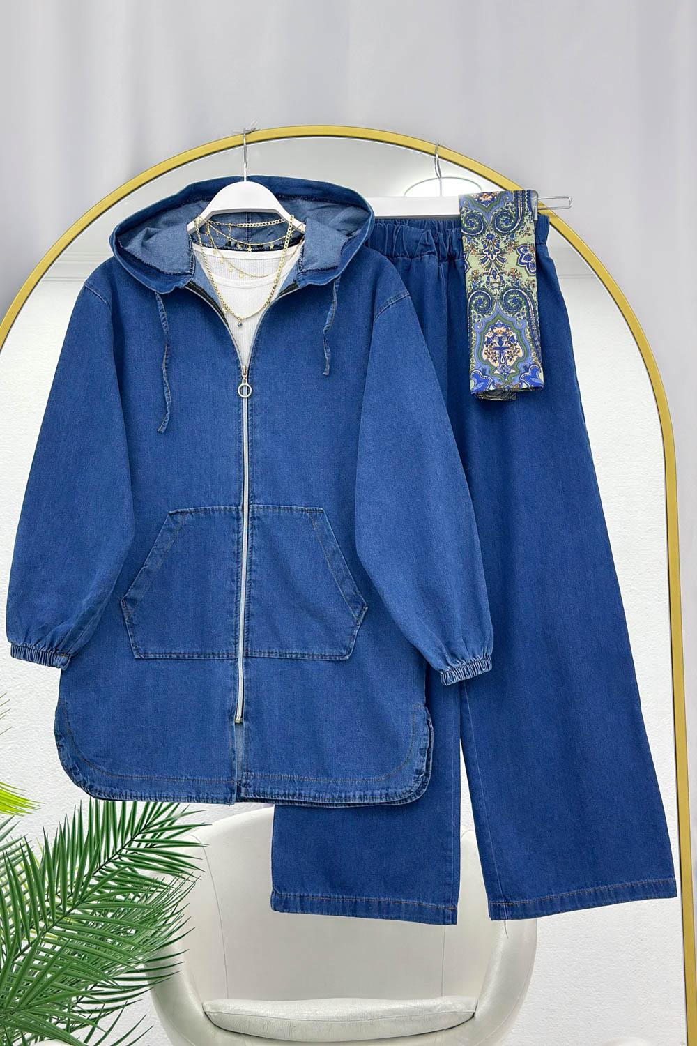 FERMUAR DETAYLI KAPŞONLU KADIN KOT TAKIM