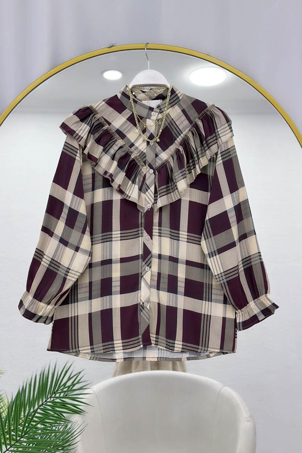 FIRFIRLI KARE DESENLİ KADIN GÖMLEK