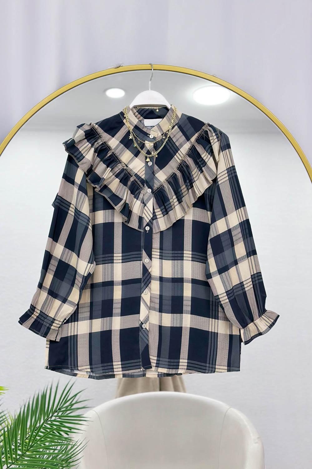 FIRFIRLI KARE DESENLİ KADIN GÖMLEK