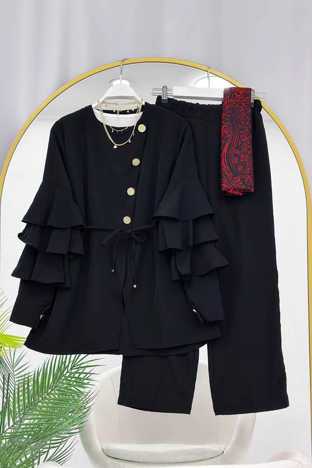 KOLLAR FIRFIRLI GOLD DÜĞME DETAYLI PANTOLONLU TAKIM