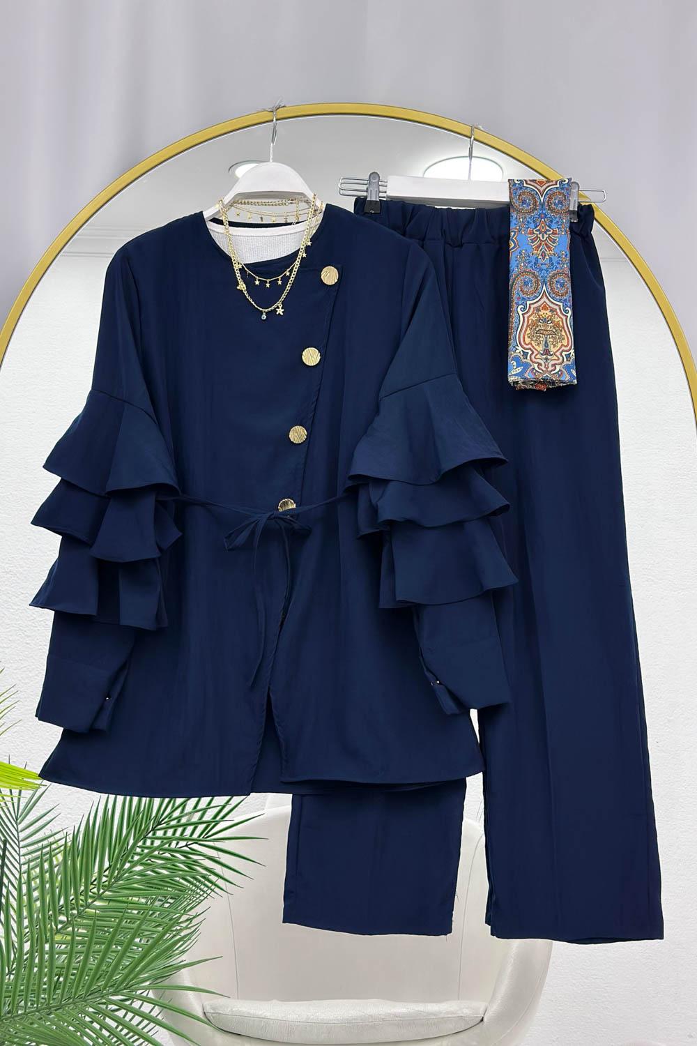 KOLLAR FIRFIRLI GOLD DÜĞME DETAYLI PANTOLONLU TAKIM