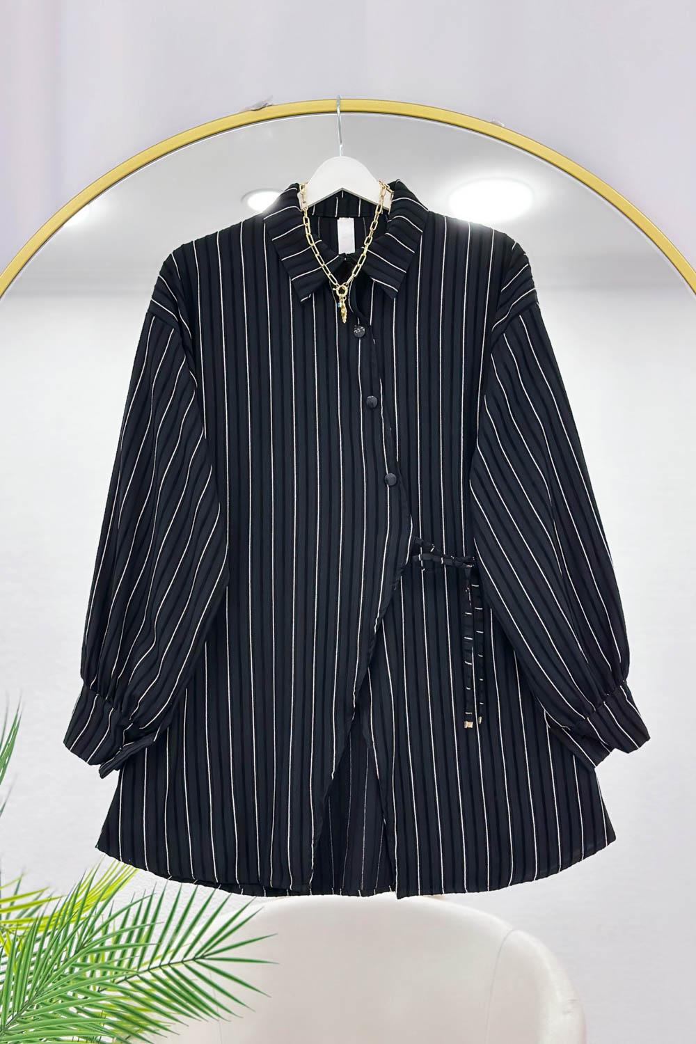 YANDAN BAĞLAMALI ÇİZGİLİ KADIN GÖMLEK