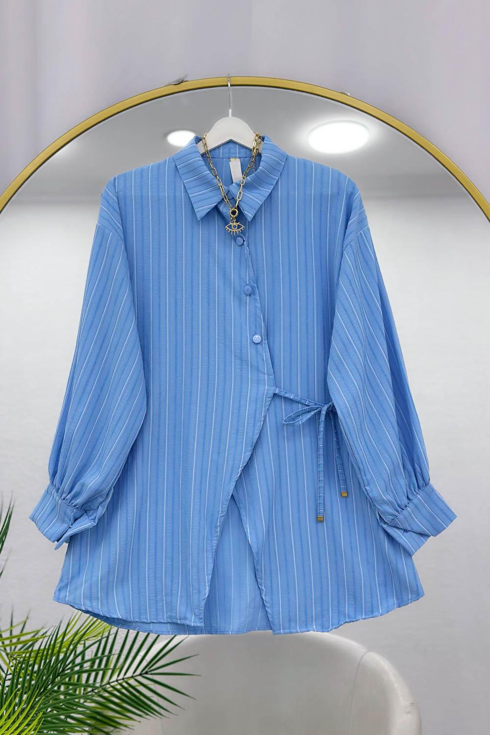 YANDAN BAĞLAMALI ÇİZGİLİ KADIN GÖMLEK