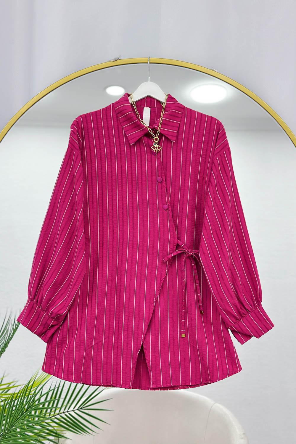 YANDAN BAĞLAMALI ÇİZGİLİ KADIN GÖMLEK